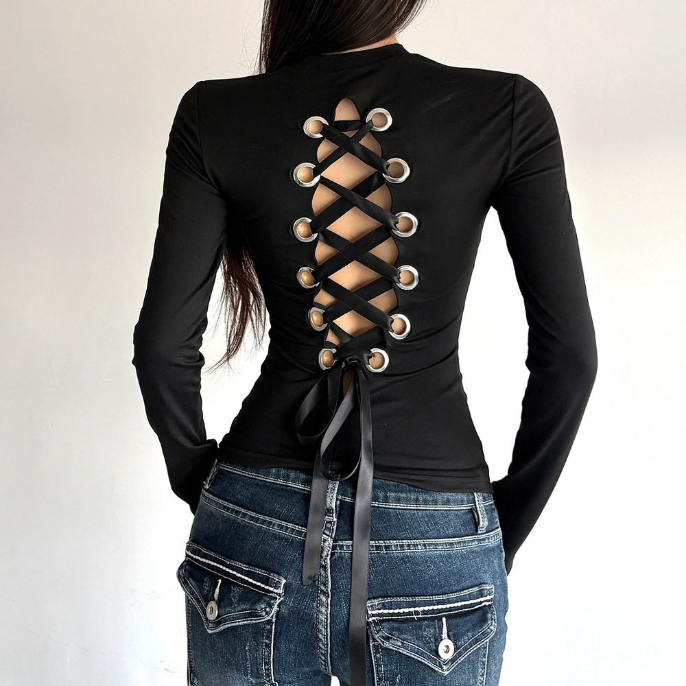 Zara Eyelet Tie Strap Cutout Backless Long Sleeve Casual Top